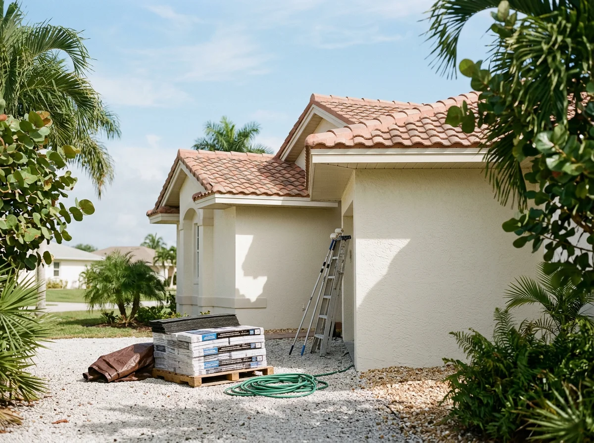 Exterior view of a home roof and surrounding work area, showing the type of job site where our crew handles roofing and painting projects. No people are visible in this image.