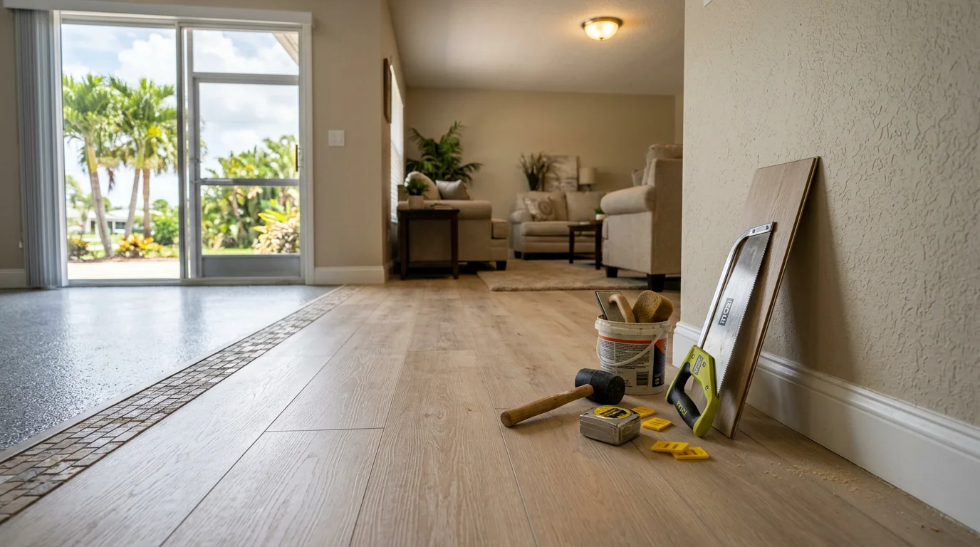 Installer laying laminate flooring in a home in Fort Myers, FL