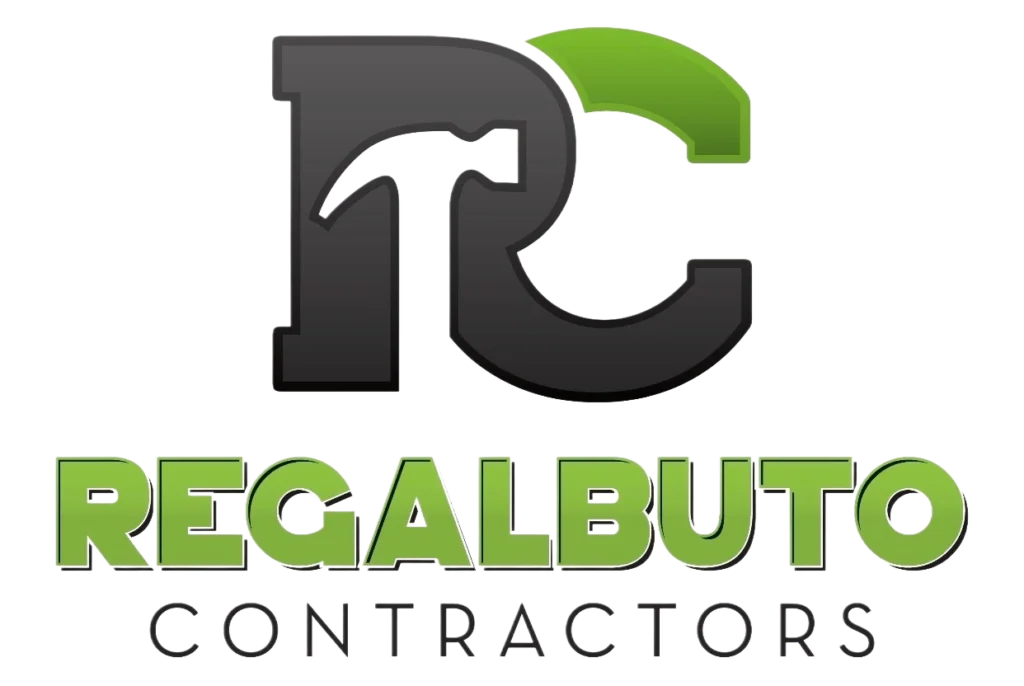 Regalbuto Contractors logo with gray R and C monogram, hammer cutout, green accent, and bold green wordmark