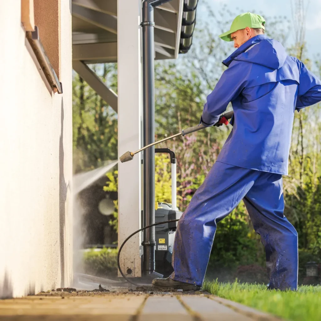 Technician pressure washing a light stucco exterior wall with a long wand near a gray downspout and paved walkway