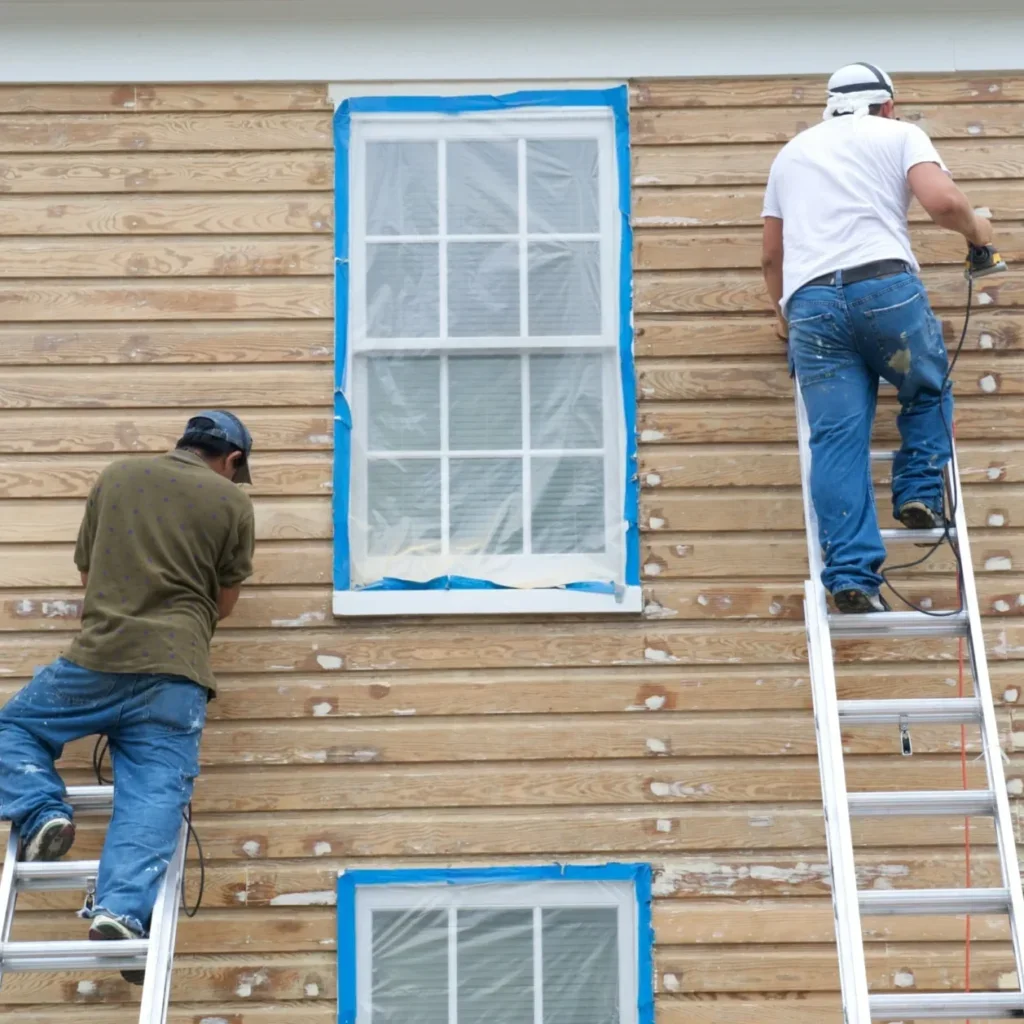 Workers on ladders prepping weathered horizontal wood lap siding with blue painter's tape and plastic masking over windows