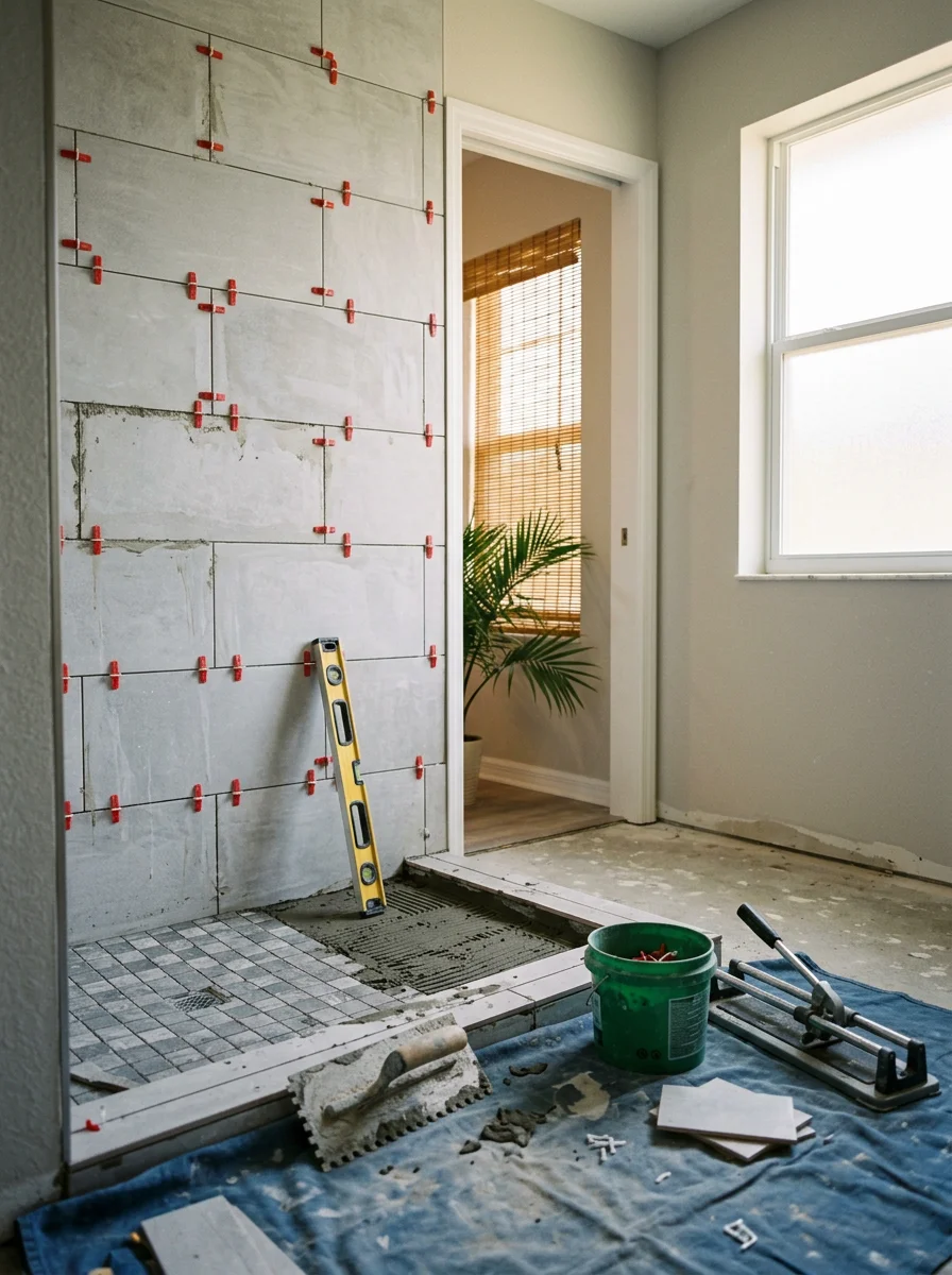 A bathroom remodel in progress in a Bonita Springs home, with new tile work being installed on the shower walls and floor.