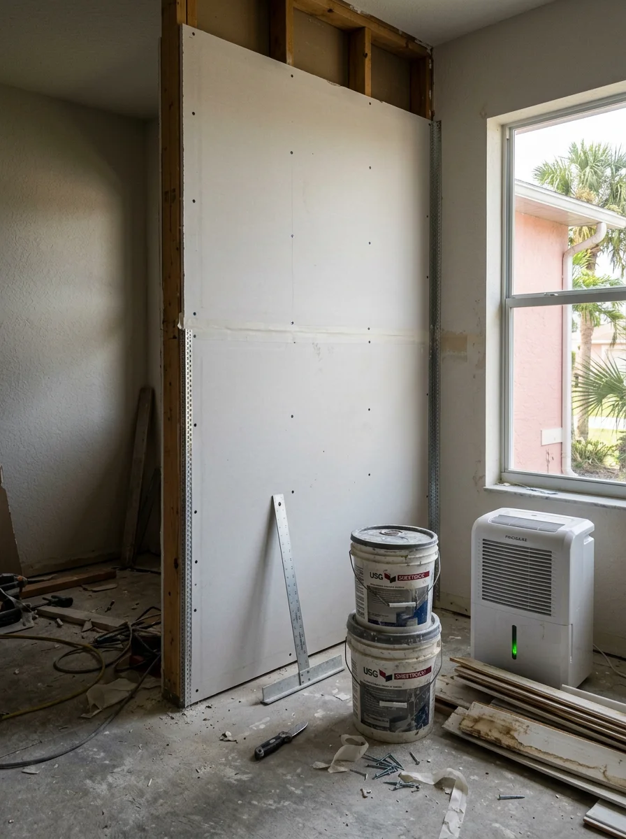 Interior drywall repair in progress inside a Cape Coral home, with new panels being installed after water damage from storm surge.