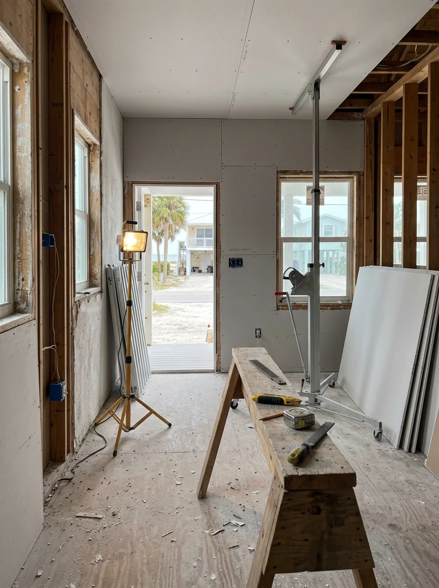 Drywall installation in progress inside a Fort Myers Beach home being rebuilt after Hurricane Ian storm surge damage.