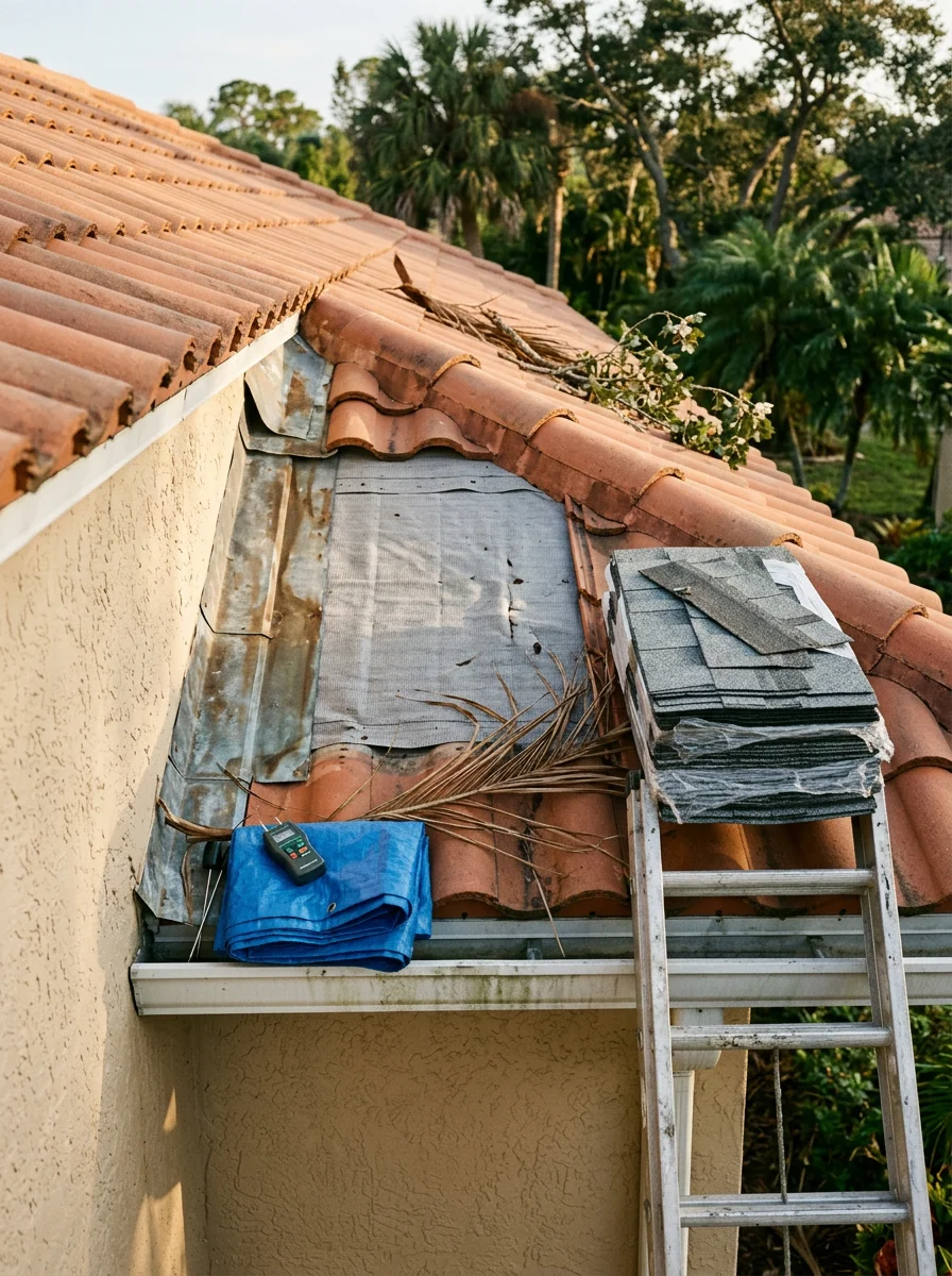 A contractor performing a roof inspection on a Fort Myers home, checking flashing and underlayment after storm season.