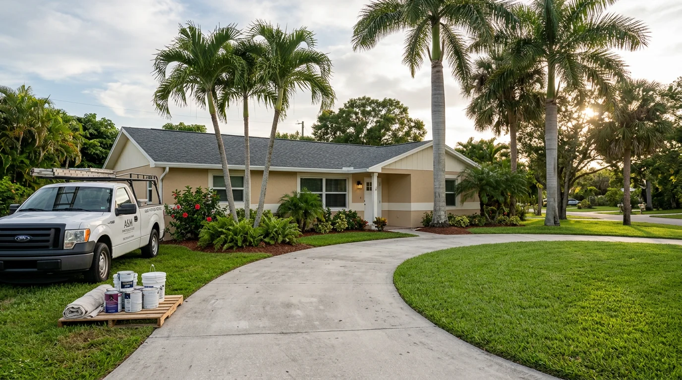 A Fort Myers ranch-style home with a freshly installed shingle roof and new exterior paint, surrounded by mature palm trees on a generous lot.