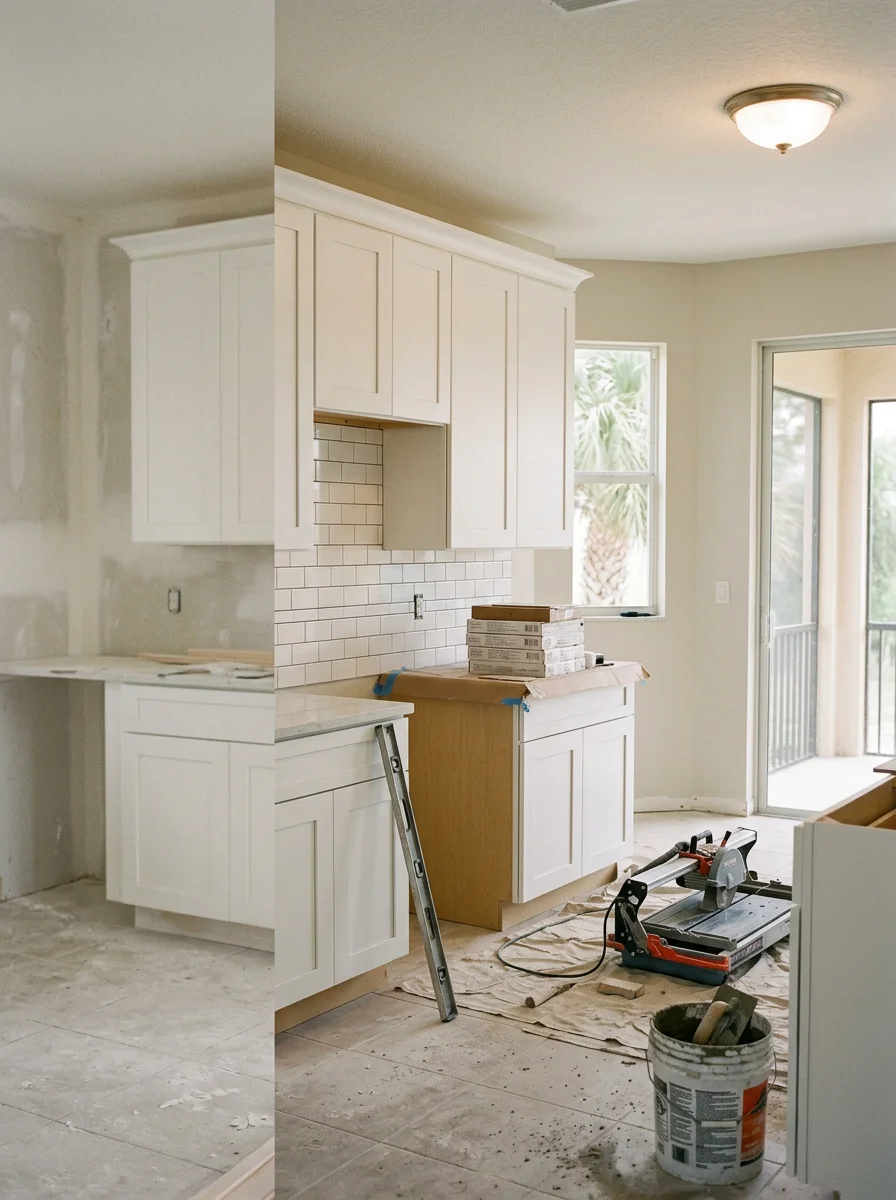 A kitchen remodel in progress inside a Naples home, with new cabinet installation and tile backsplash work underway.