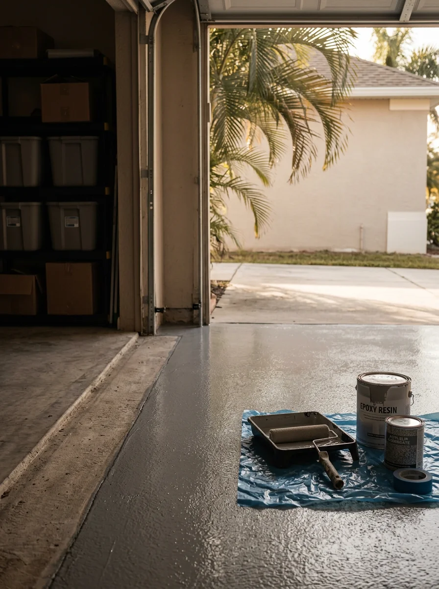 A garage floor epoxy coating being applied in a North Fort Myers home, with the concrete slab prepped and the first coat rolled out.