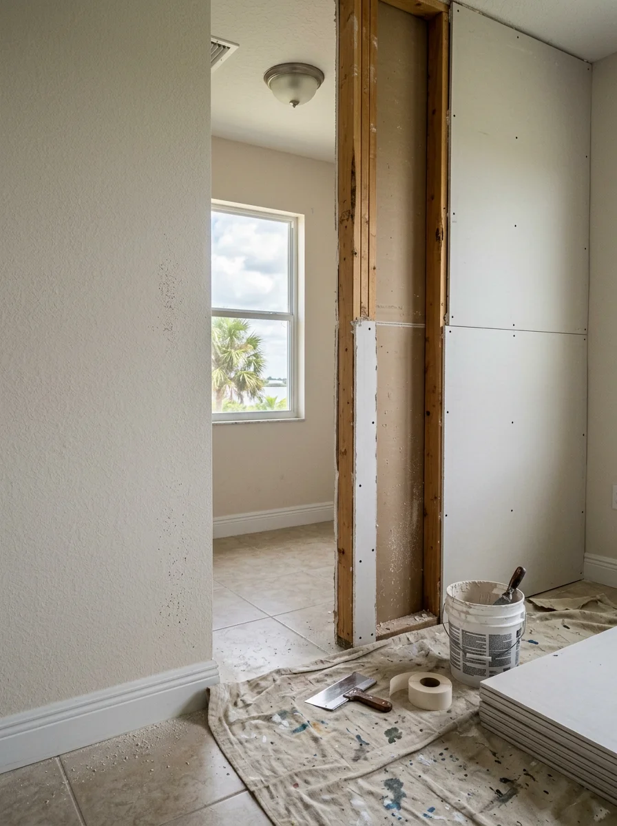 Drywall repair in progress inside a Punta Gorda home, with damaged panels removed and new drywall being installed after storm water intrusion.