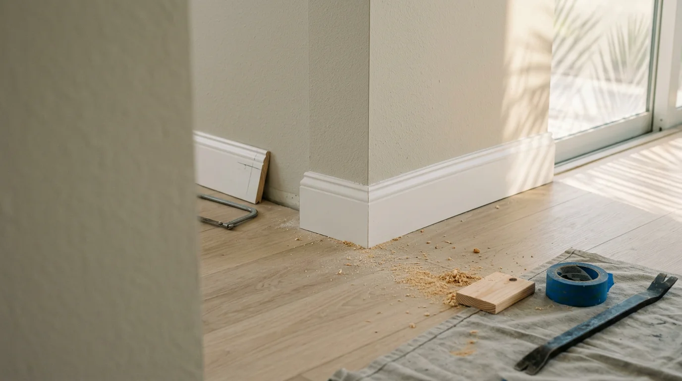 Freshly installed white baseboard trim running along the base of an interior wall in a Fort Myers home, meeting a light-colored hard-surface floor at a clean, tight joint. The corner miter cuts are flush and the trim is ready for paint.