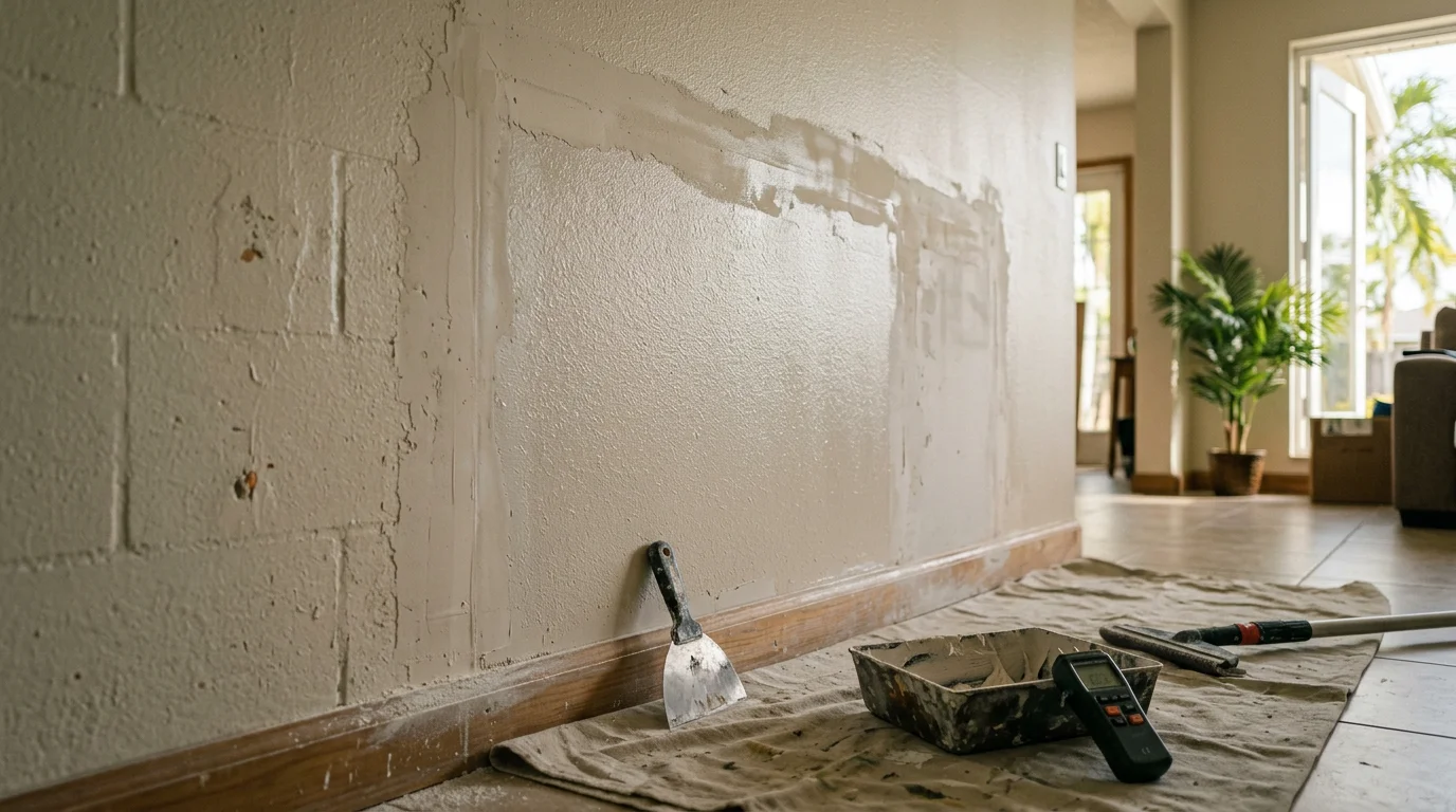 A smooth, freshly repaired interior wall in a Fort Myers home showing a seamless patch with matched orange peel texture. The repaired section blends evenly with the surrounding wall surface.