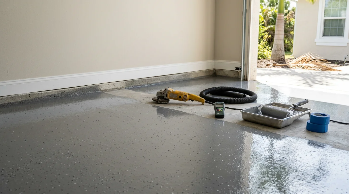 Freshly applied epoxy floor coating on a concrete slab inside a Fort Myers, FL residential space, showing a smooth, glossy surface free of stains and cracks. The high-gloss finish reflects overhead lighting in a clean, sealed garage floor typical of Southwest Florida homes.