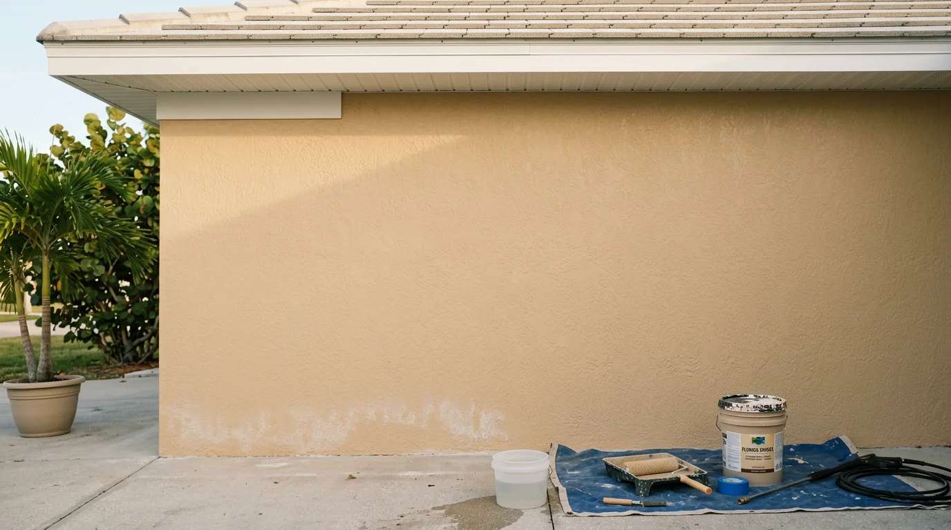 A freshly painted stucco home exterior in Fort Myers, Florida, with clean trim and soffits showing a uniform coastal color. The home sits under bright Southwest Florida sun with no visible peeling, fading, or mildew on any surface.