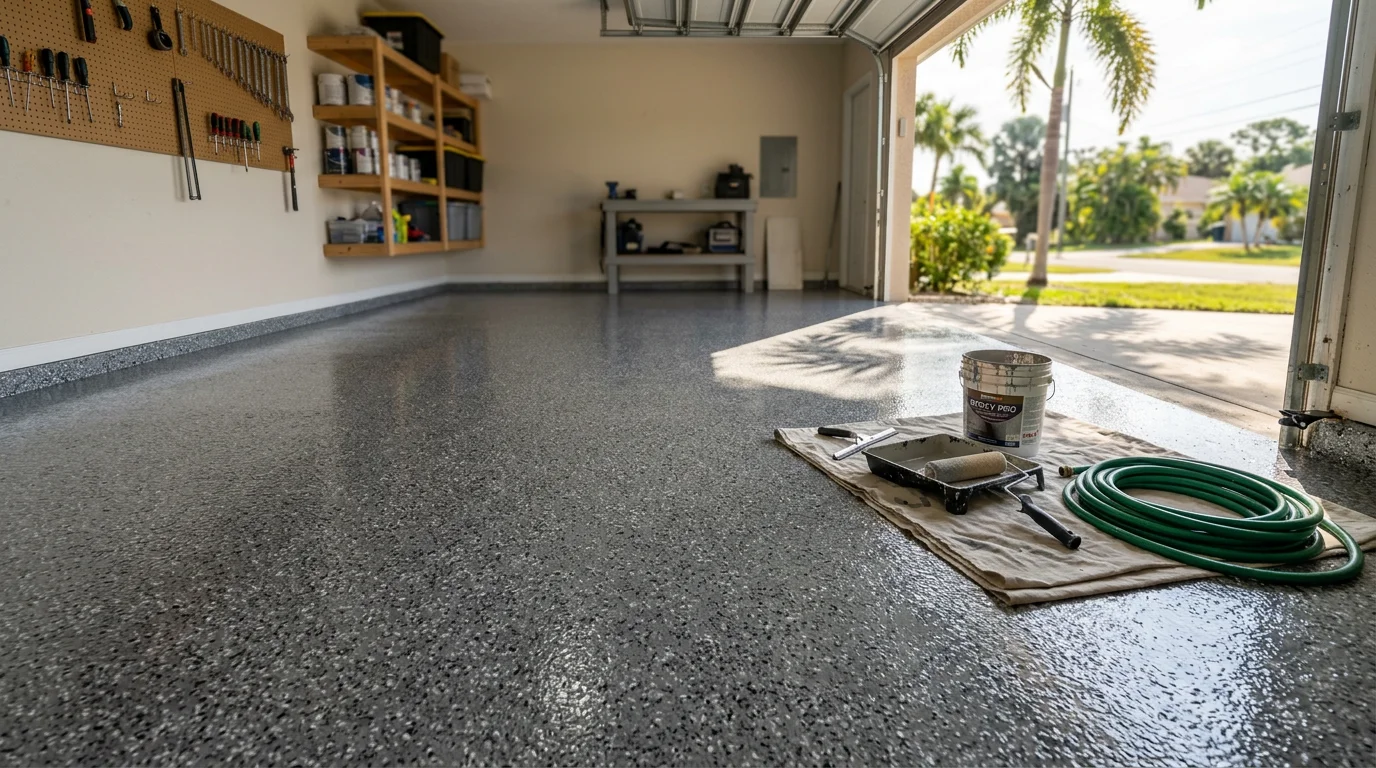 A finished garage floor epoxy coating in a Fort Myers home, showing a smooth, sealed concrete surface with a light decorative flake finish. The coated floor reflects overhead lighting inside a two-car garage in Southwest Florida.