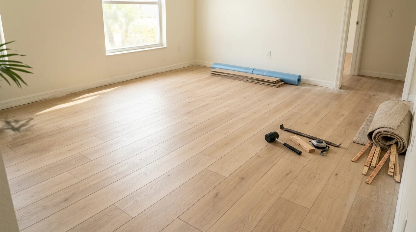 Freshly installed flooring in a Fort Myers home interior, showing clean plank rows running through an open living area with natural light. The concrete slab subfloor preparation is complete and the finished surface meets the wall edge with a tight, even fit.