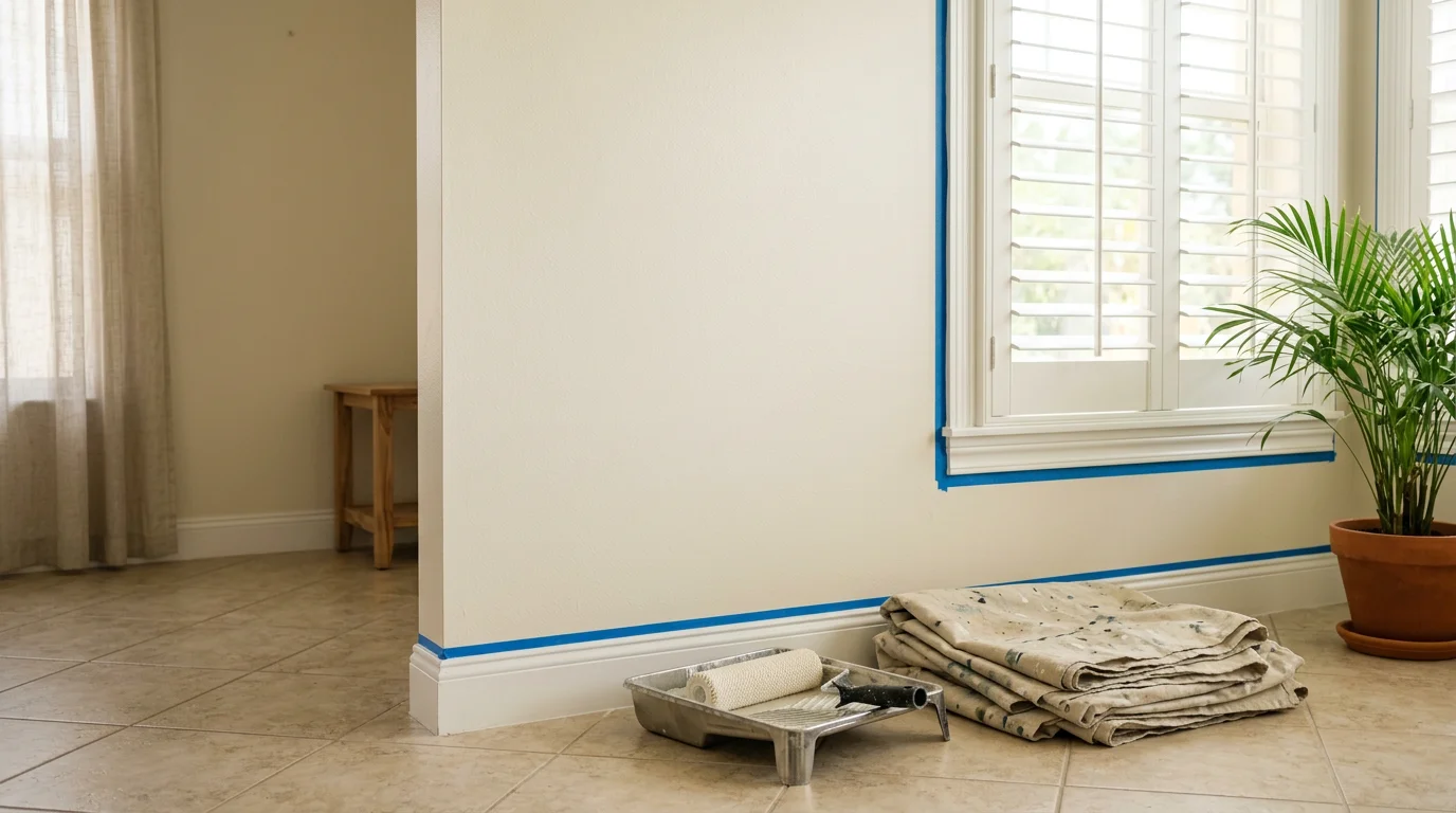 Freshly painted interior living room walls with clean trim lines in a Fort Myers, FL home. Smooth, even finish on drywall surfaces showing no brush marks or lap lines.