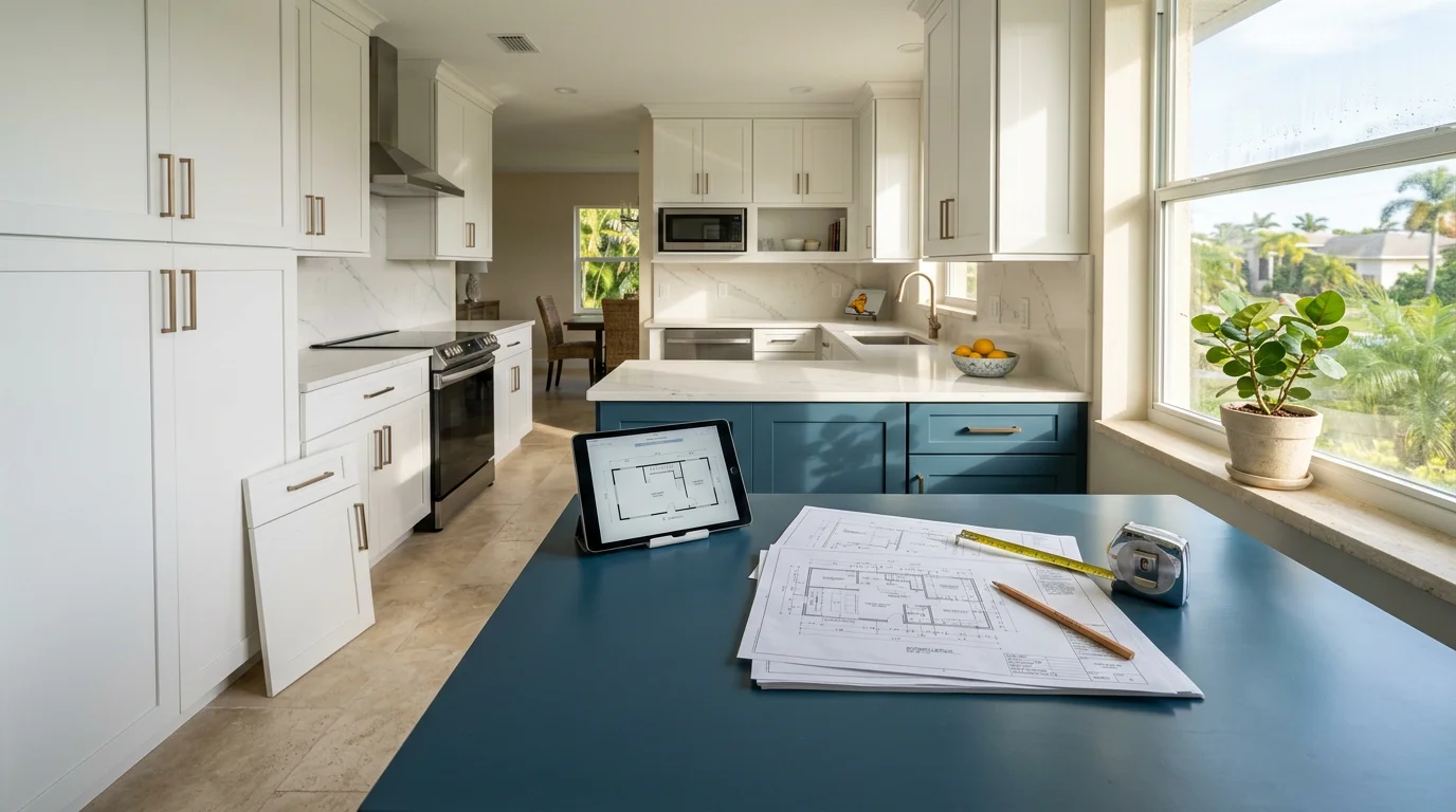A Fort Myers kitchen showing a planned cabinet layout with shaker-style doors, a contrasting island, and finishes suited to the Southwest Florida coastal climate. Regalbuto Contractors LLC kitchen cabinet design project in Lee County, Florida.