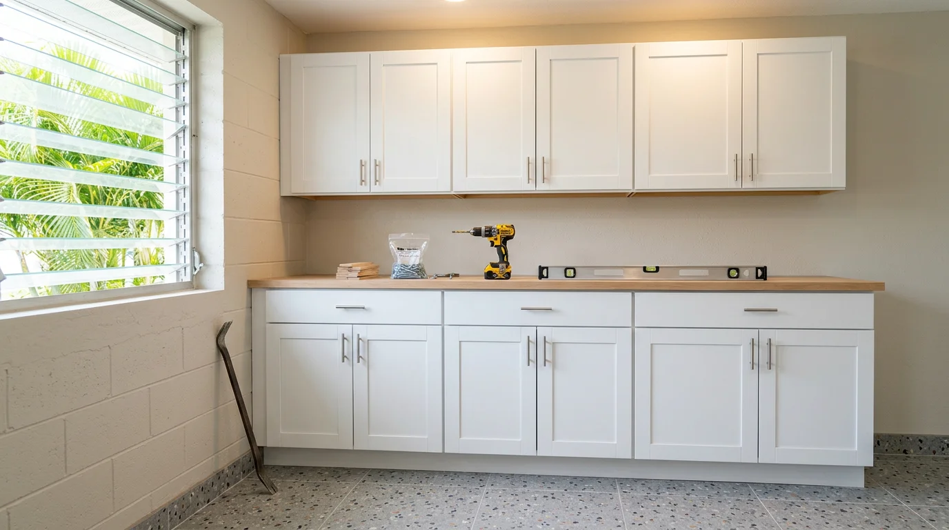 Newly installed white kitchen cabinets in a Fort Myers home, with upper and lower runs set level and hardware aligned. Clean wall-to-cabinet fit in a Southwest Florida residential kitchen.