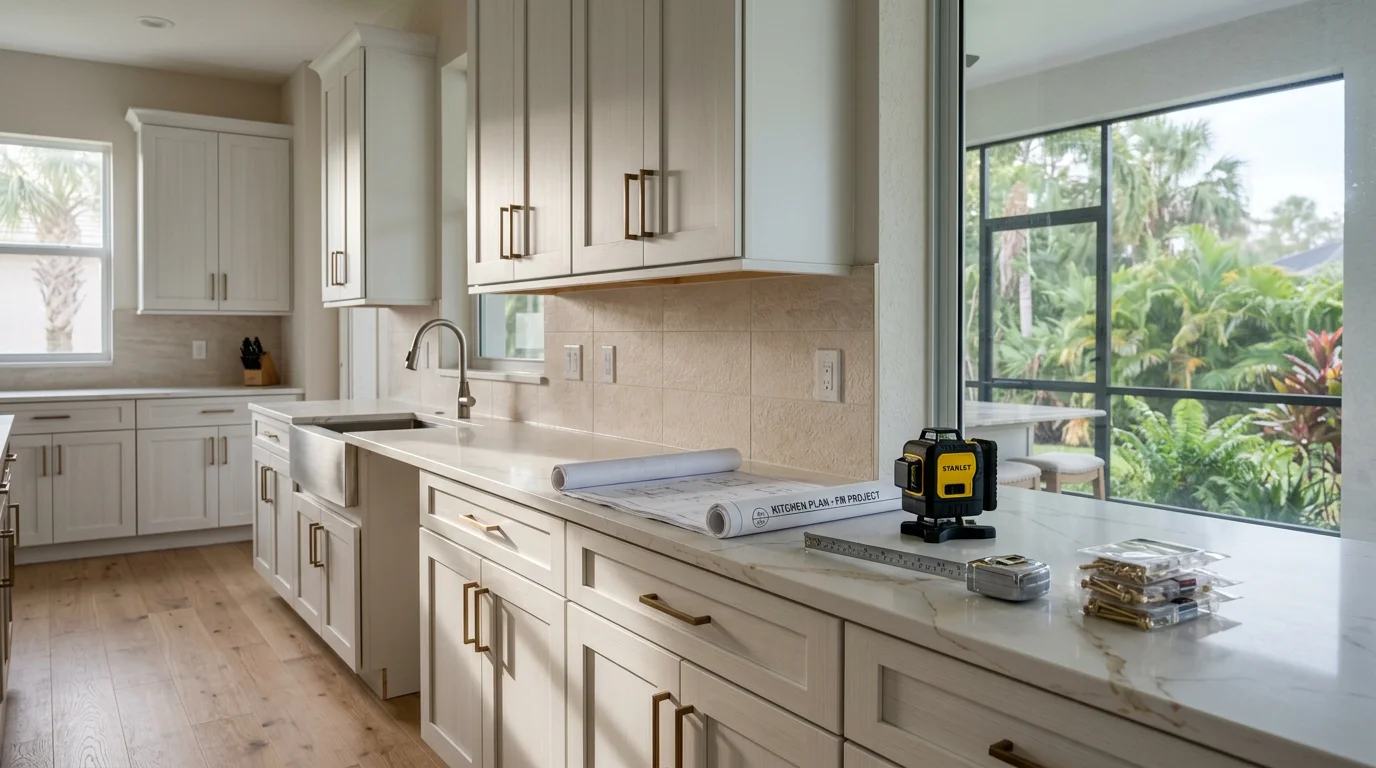 A redesigned kitchen interior in a Fort Myers, FL home featuring an open layout with defined prep and cooking zones. The space reflects a coastal Southwest Florida aesthetic with light tones and a clear connection to the adjacent living area.