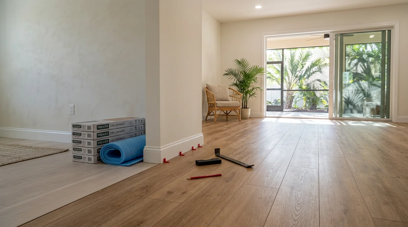 Freshly installed laminate flooring with a wood-look finish in a Fort Myers home living room. The planks run evenly across a concrete slab subfloor with clean edges along the baseboards.
