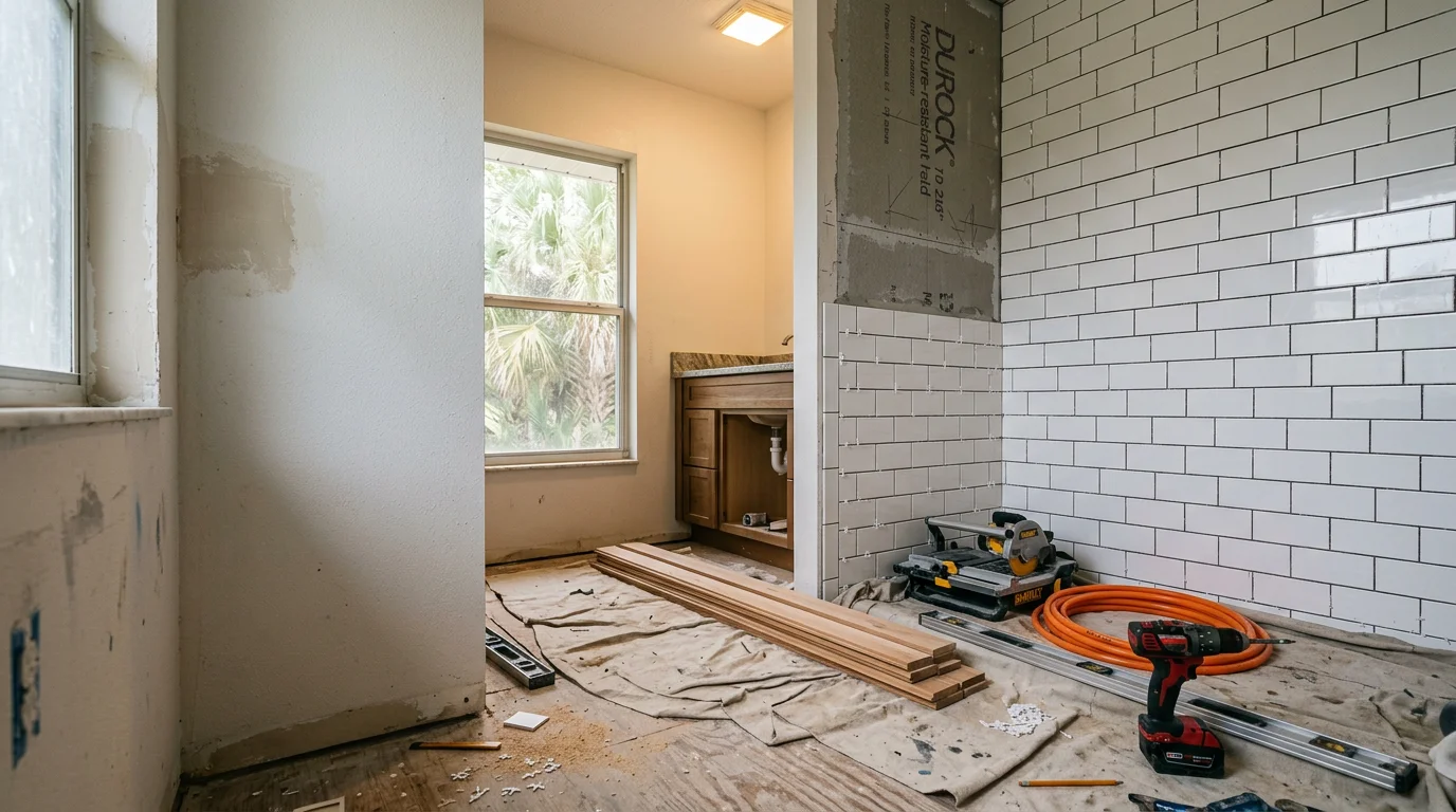 Remodeled interior living space in a Fort Myers, FL home showing updated walls, flooring, and an open layout suited to Southwest Florida's coastal climate. The finished room reflects practical design choices appropriate for year-round heat and humidity in the Fort Myers area.