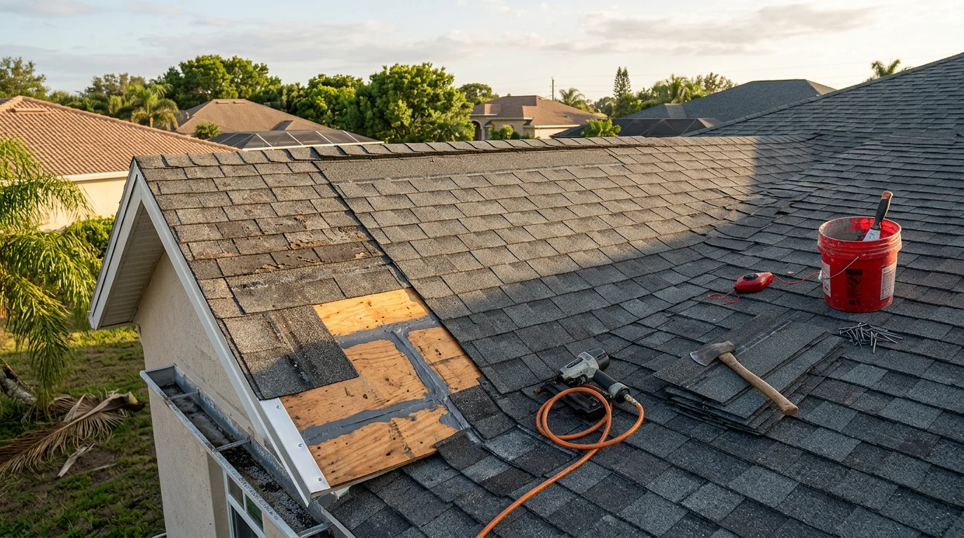 Close-up view of a damaged residential roof in Fort Myers, FL showing lifted shingles and exposed decking after storm and wind exposure. A roofing contractor from Regalbuto Contractors LLC assesses the damage area on a Southwest Florida home.
