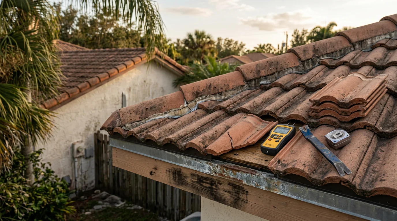 A roofing contractor from Regalbuto Contractors LLC inspecting tile and flashing details on a residential roof in Fort Myers, FL. The inspector examines roof valleys and penetrations on a Southwest Florida home under clear skies.
