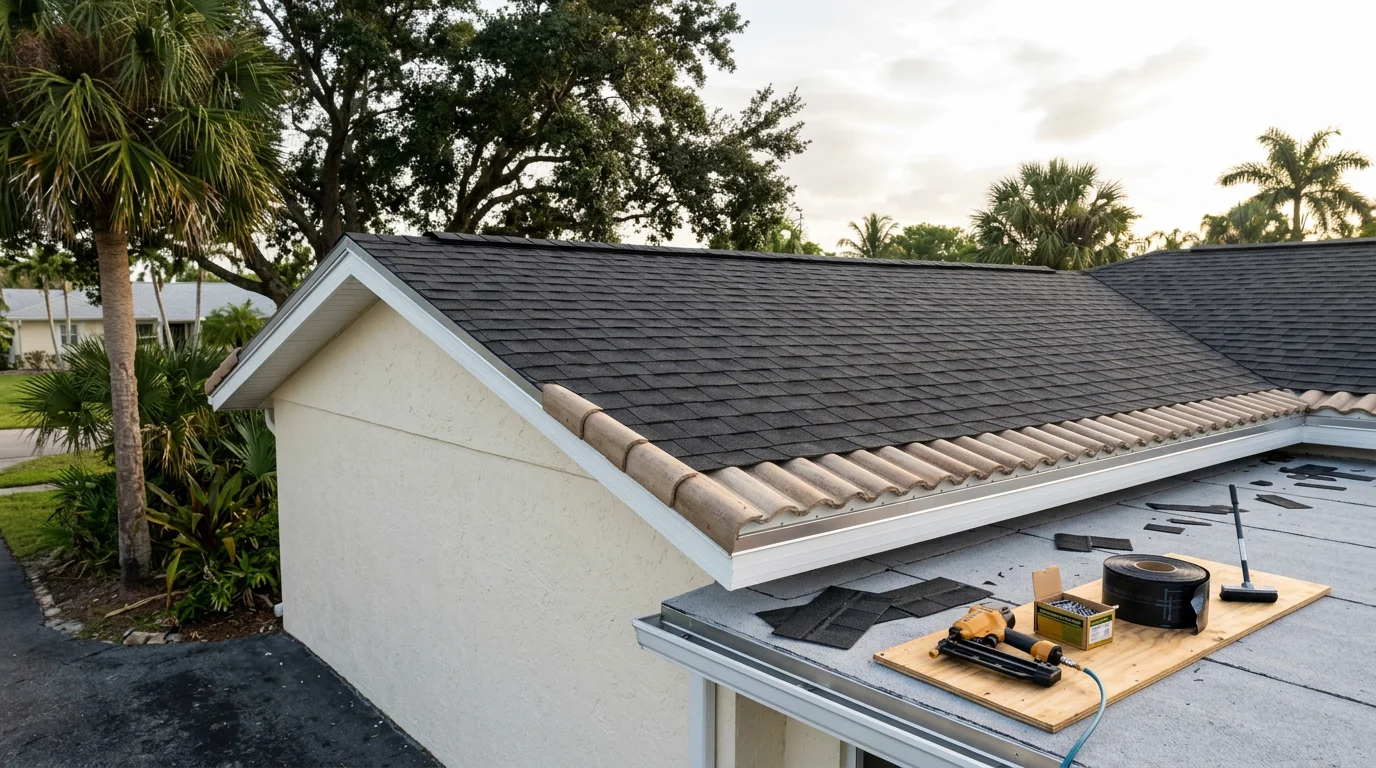 A completed new roof installation on a single-family home in Fort Myers, Florida, showing a wind-rated roof system with clean ridge lines and proper edge metal against a clear Southwest Florida sky.