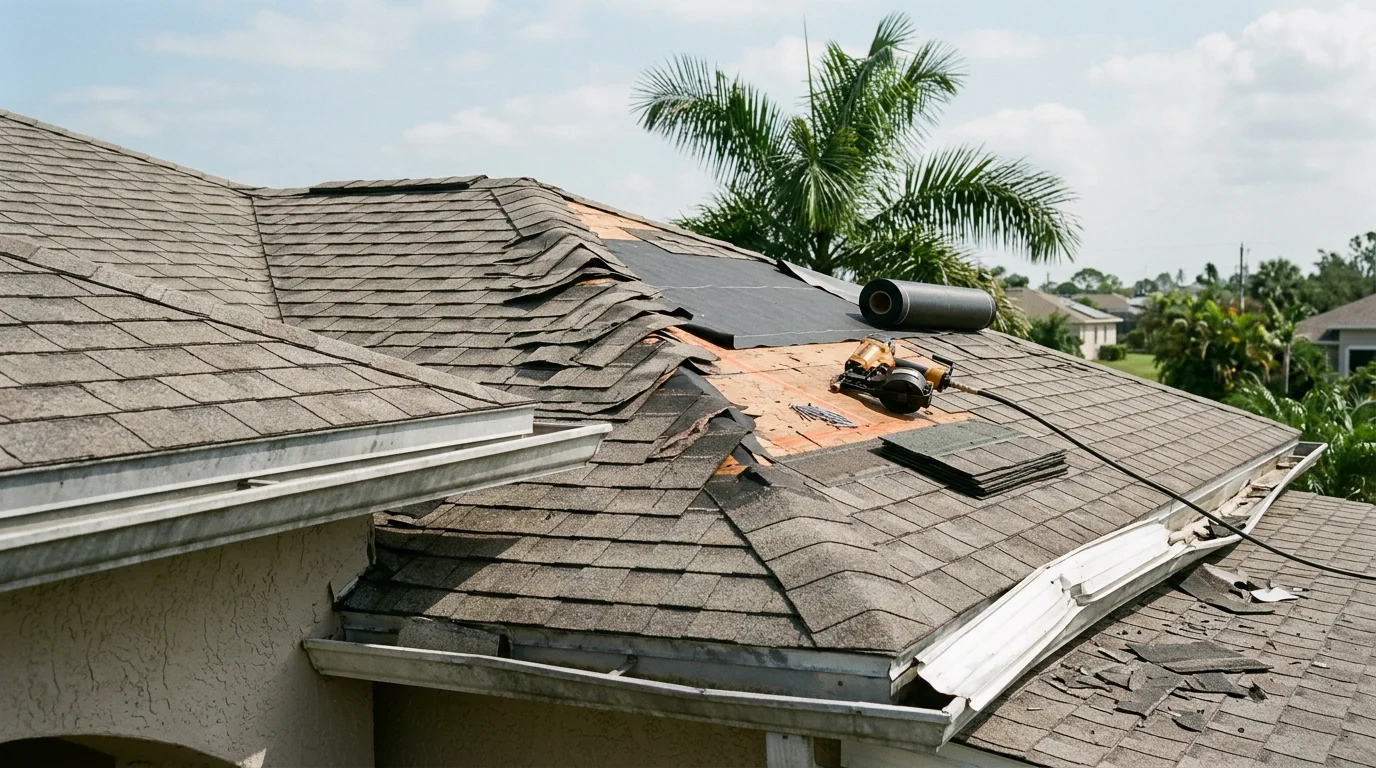 A Fort Myers residential roof showing lifted and displaced shingles along the ridge line after a tropical storm. A roofing contractor from Regalbuto Contractors LLC inspects the wind-damaged section from the roof surface.