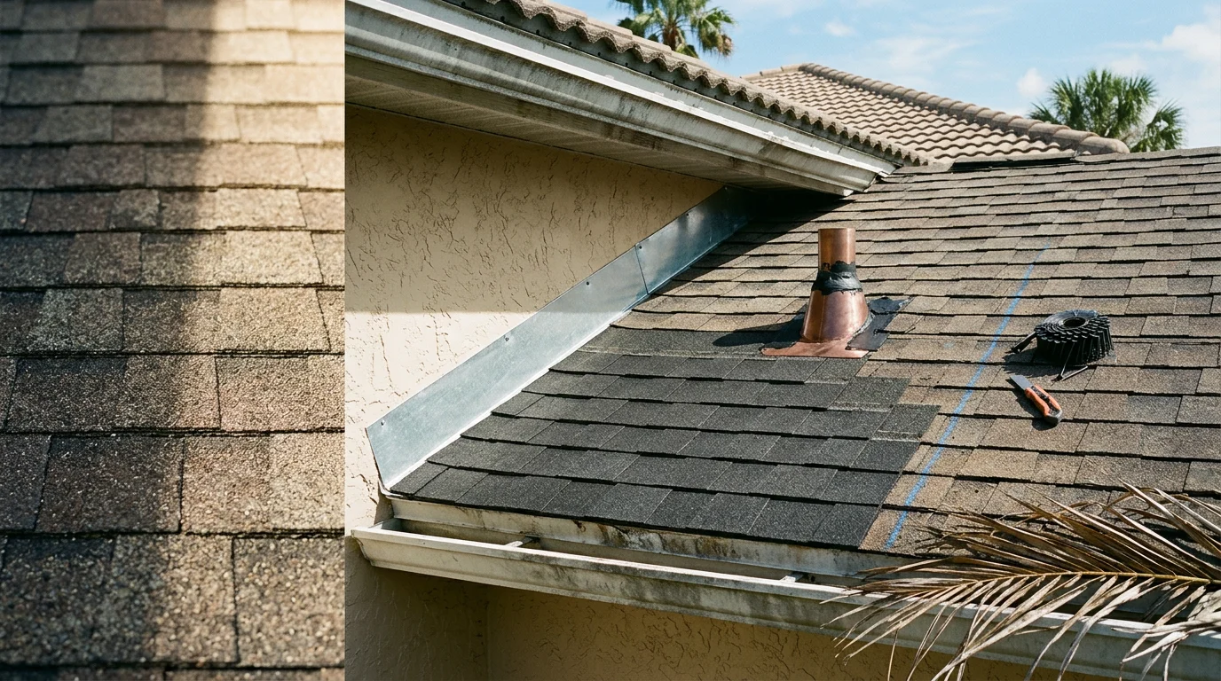 A roofing contractor repairing damaged flashing and shingles on a residential home in Fort Myers, FL. Close-up view of the repaired roof section showing sealed joints against a clear Southwest Florida sky.